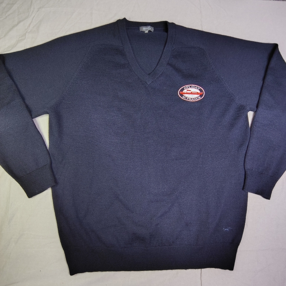 Wolsey Merino Wool Sweater Size Medium Blue‎ Navy Afloat in France Patch Logo